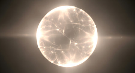 A luminous, oval-shaped gemstone with intricate internal patterns and radiating light beams against a dark, diffused background.の素材