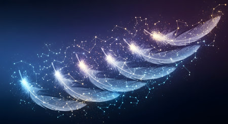 A series of ethereal, glowing feathers are depicted in a dynamic, swirling pattern, emanating light and energy against a deep blue backdrop.の素材