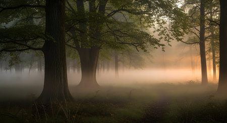 A serene forest scene at sunrise, with a thick mist creating a soft glow and illuminating the trees with warm, golden light.の素材