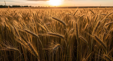 A close-up view of a ripe wheat field bathed in the warm, golden light of a setting sun.の素材