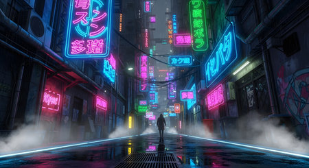 A solitary person stands in a dark, wet alley illuminated by vibrant neon signs and glowing streetlights.の素材