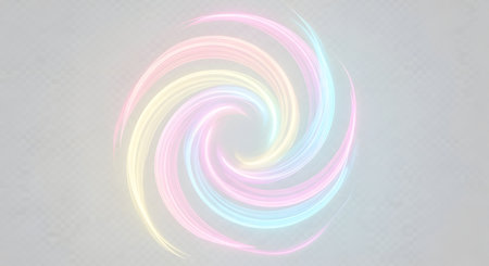 A gentle, abstract swirl of pastel colors, including pink, yellow, blue, and green, against a light gray background.の素材