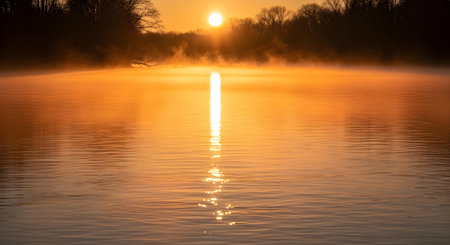 A breathtaking sunrise paints the sky in warm orange and yellow hues, reflecting on a misty lake with dark trees silhouetted against the light.の素材