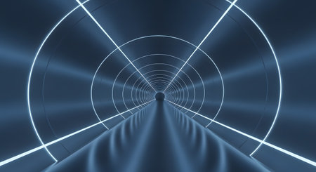An endless, dark tunnel illuminated by bright blue neon lines forming geometric shapes and radiating light.の素材