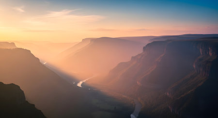Sunlight streams through a vast canyon, casting warm golden hues and dramatic shadows across rugged cliffs at dawn or dusk.の素材