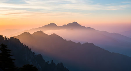 Layered mountain peaks shrouded in mist are illuminated by the soft, warm glow of a sunrise, creating a serene and ethereal landscape.の素材