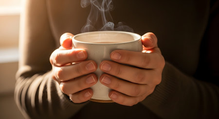 Close-up of hands cupping a ceramic mug filled with a steaming hot drink, suggesting comfort and warmth.の素材