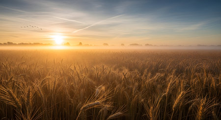 A vibrant sunrise casts a warm glow over a vast, misty wheat field, creating a serene and picturesque agricultural landscape.の素材