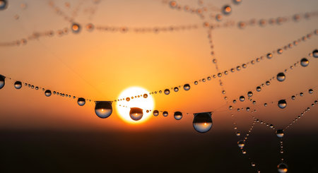 Close-up of a spiderweb adorned with water droplets, catching the warm glow of a rising sun.の素材