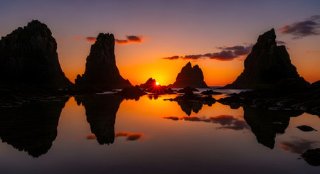 Jagged rock formations rise from the ocean, silhouetted against a vibrant orange and purple sunset, with their reflections mirrored in the still water.の素材