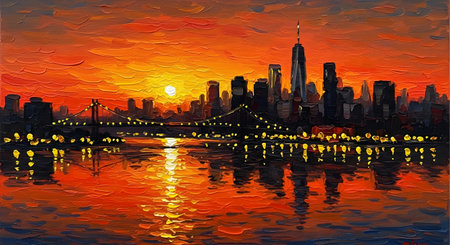 A painterly depiction of the New York City skyline silhouetted against a fiery orange and yellow sunset, with reflections on the water.の素材