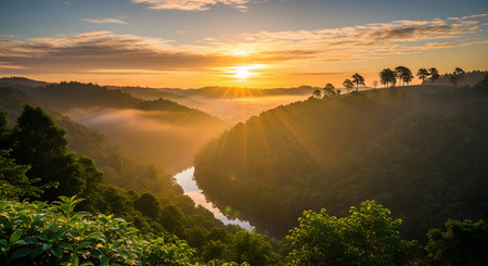 A breathtaking sunrise casts a golden glow over a winding river, illuminating mist rising from a lush, verdant valley.の素材