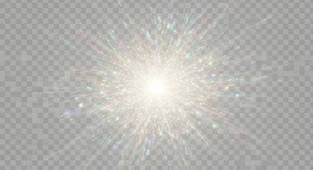 A radiant burst of light emanates from the center, surrounded by shimmering sparkles and subtle light rays on a transparent grid.の素材