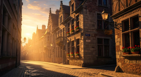 Warm sunlight streams down a narrow cobblestone street, casting long shadows on ancient brick buildings with glowing windows.の素材