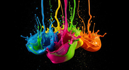 A dynamic explosion of bright, multi-colored liquid paint creating abstract shapes and patterns against a stark black backdrop.の素材