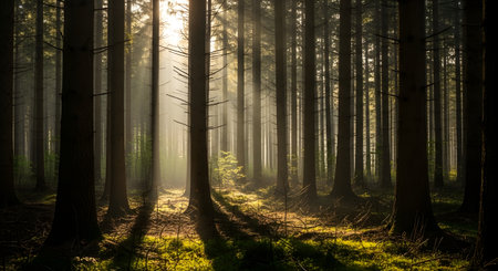 Golden sunbeams pierce through the canopy of a dense forest, illuminating the undergrowth and casting long shadows.の素材
