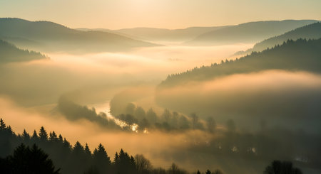 A serene sunrise illuminates a valley filled with fog, revealing rolling mountains and dark pine trees.の素材