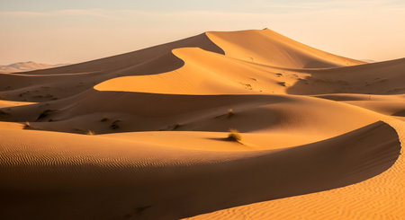 Expansive desert landscape featuring rolling sand dunes sculpted by wind, bathed in the soft light of dawn or dusk.の素材