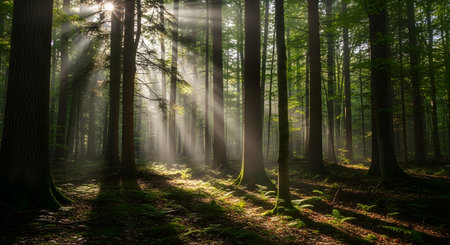 Sunlight streams through tall trees in a lush forest, illuminating the undergrowth with a golden glow and creating a serene, ethereal scene.の素材
