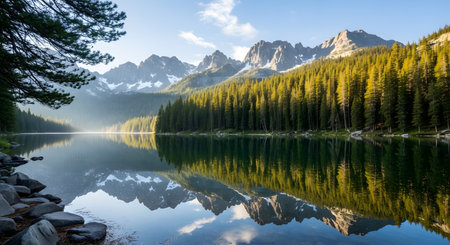 A pristine mountain lake mirrors towering, snow-capped peaks and a dense evergreen forest under a bright, cloudy sky.の素材
