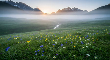 A serene sunrise illuminates a misty valley filled with wildflowers, with mountains in the background.の素材