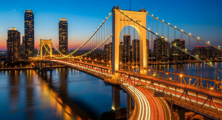 The Rainbow Bridge glows with warm light against the twilight sky, reflecting on the water, with a vibrant city skyline in the background.の素材