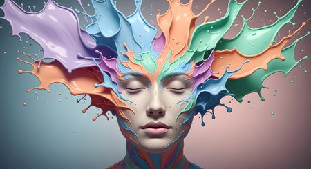 A woman's face with closed eyes, as vibrant, multi-colored paint splatters burst outwards from her head like a creative explosion.の素材
