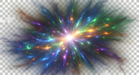 A vibrant explosion of colorful light streaks and glowing particles emanates from a bright central point against a transparent background.の素材