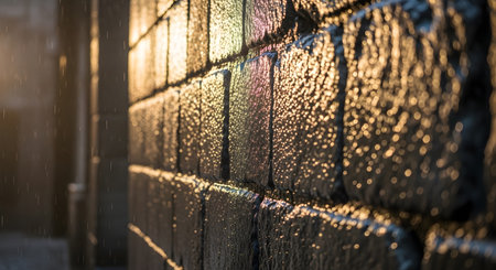 Warm sunlight illuminates a rough, textured brick wall, casting long shadows and highlighting the imperfections of the surface.の素材