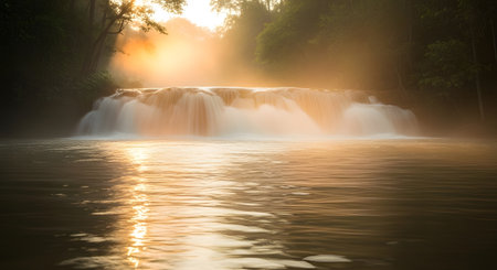 A breathtaking waterfall cascades down a rocky ledge, bathed in warm golden sunlight that creates a mystical mist and reflects on the calm water below.の素材