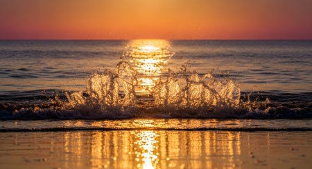 A breathtaking sunset casts a golden glow on the ocean, with waves forming a shimmering, castle-like structure against the horizon.の素材
