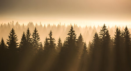 Silhouetted pine trees stand in a misty forest as the sun rises, casting golden light and ethereal sunbeams through the fog.の素材