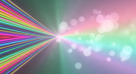 A dynamic explosion of colorful light streaks converges to a bright point, set against a soft, ethereal bokeh background.の素材