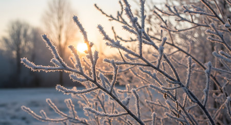 Close up of frost covered tree branches with the sun rising behind them, creating a soft, warm glow.の素材