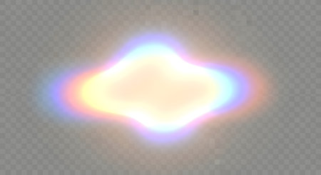 A bright, ethereal light source with a rainbow halo and subtle lens flare effect on a transparent background.の素材