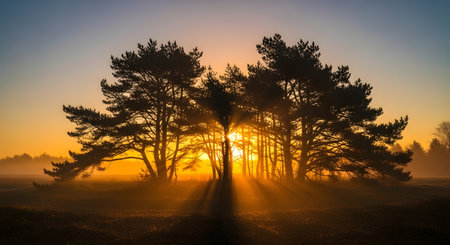 Sunlight streams through pine trees at dawn, creating dramatic rays and casting long shadows in a misty, golden landscape.の素材