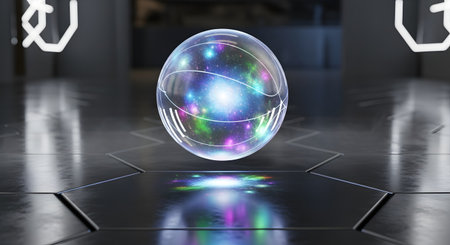 A luminous, iridescent orb hovers in a dark, metallic, futuristic setting with glowing lights reflecting on its surface.の素材