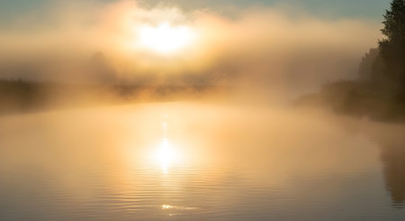 A serene sunrise casts golden light through thick fog over a calm lake, creating a peaceful and ethereal atmosphere.の素材