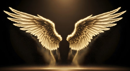A pair of luminous, golden angel wings spread wide, emanating a soft, ethereal glow against a dark, smoky background.の素材