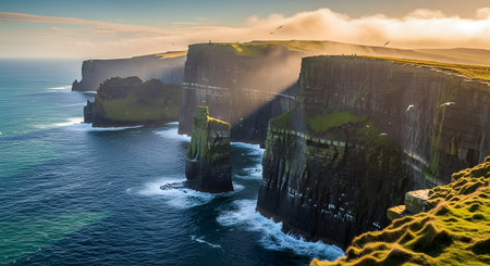 Dramatic cliffs rise from the churning Atlantic Ocean under a golden sunrise, casting long shadows and highlighting the rugged Irish coastline.の素材