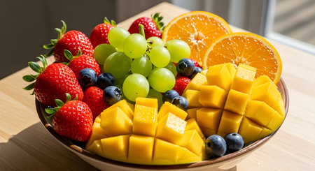 A close-up shot of a fruit bowl overflowing with colorful strawberries, grapes, blueberries, oranges, and mangoes.の素材