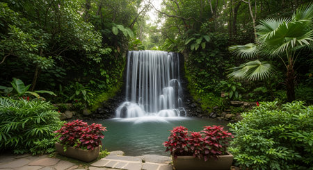 A serene waterfall cascades into a tranquil pool surrounded by dense, verdant foliage and bright red flowering plants.の素材