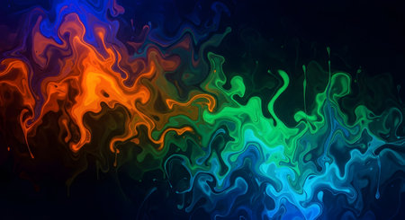 Abstract swirling patterns of vibrant orange green and blue smoke or ink against a dark background, creating a dynamic and energetic visual.の素材