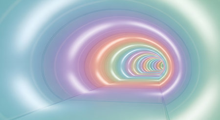 An abstract, glowing tunnel with swirling bands of pastel rainbow colors creating a sense of depth and movement.の素材
