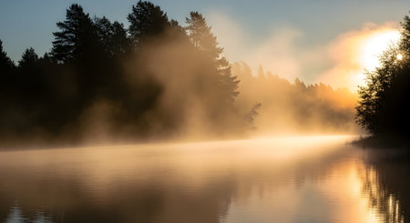 A serene river at sunrise, shrouded in mist, with golden light filtering through the trees and reflecting on the water.の素材