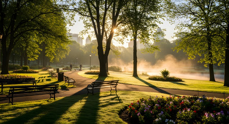 A peaceful park scene with benches, trees, and a gentle mist illuminated by the morning sun.の素材