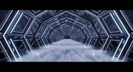 A long, illuminated tunnel with glowing neon lights and a hazy, misty floor creates a sense of futuristic depth and mystery.の素材