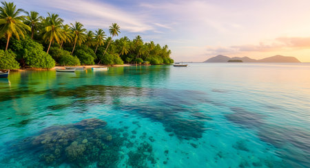 A serene tropical island scene with lush green palm trees, calm turquoise waters, and distant mountains under a soft sunset sky.の素材