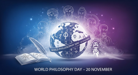 A symbolic representation of World Philosophy Day featuring a glowing globe surrounded by ancient figures and an open book.の素材