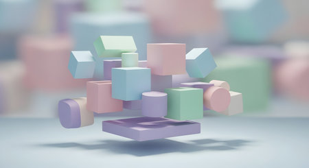 A surreal composition of pastel colored geometric shapes suspended in mid-air, creating a dreamlike and modern aesthetic.の素材